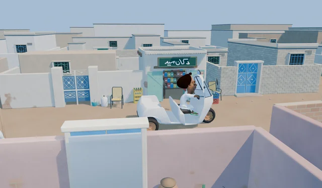 Modeled neighborhood with tuk-tuk and driver