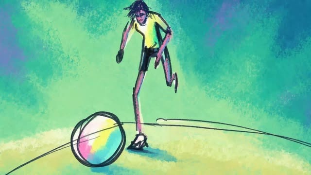 Frame from a colorful hand-drawn animation of a running figure and a ball
